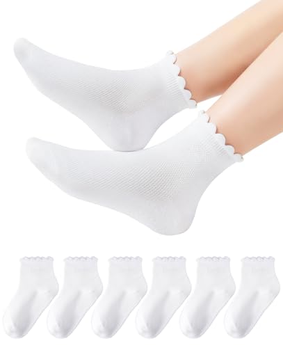 HONGTEYA Girls White Ruffle Socks School Dress Uniform Lace Cotton Socks for Kids Frilly Ankle 6 Pairs Size 2-14 Years (US Age 6 Years 8 Years White)