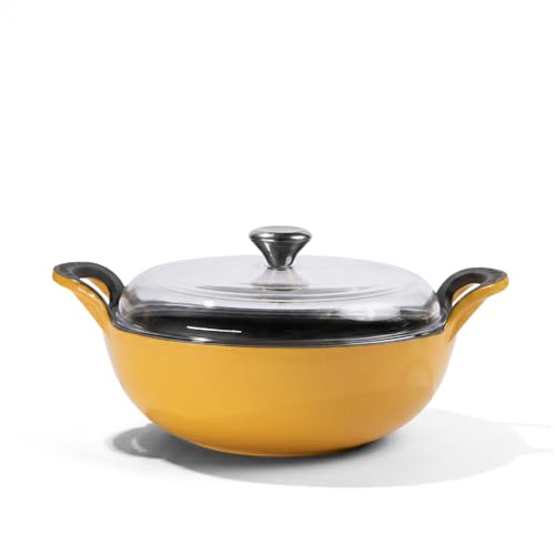 Image of CUMIN CO. Cast Iron Kadai with Lid | 3L, 26 cm | Induction Base Cookware |10 Years Warranty | Non Toxic Heavy Bottom Kadhai for Frying | Chemical Free Coating | Free Accessories | Mustard (Yellow)