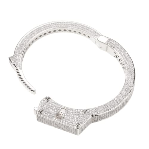 ICEDIAMOND 14K Gold Plated Urban Style Iced Out Drama Lock-Inspired Design Bangle, Micro-setting Bright Zirconia Stones with Long Serrated Lock Buckle Bracelet for Men