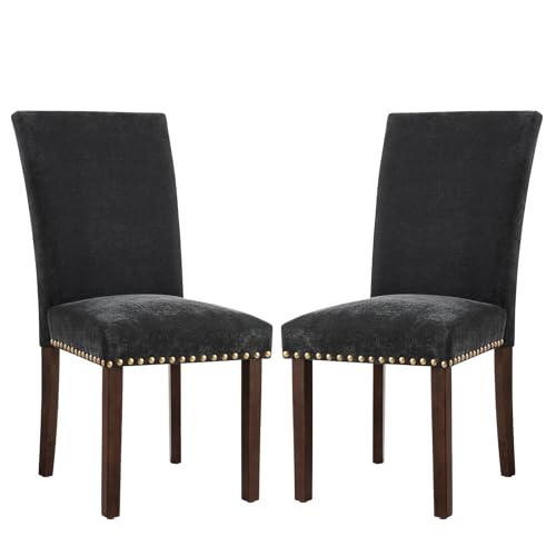Image of COLAMY Upholstered Parsons Dining Chairs Set of 2, Fabric Dining Room Kitchen Side Chair with Nailhead Trim and Wood Legs - F-Black
