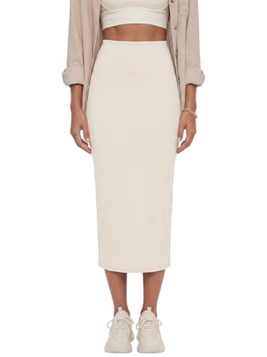 Image of Rooscier Women's High Waisted Pencil Midi Skirt | Stretchy Bodycon Knee Length Skirts with Back Slit