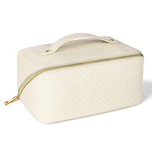 Aucuu Bolsa de cosméticos de Viaje de Gran Capacidad para Mujeres y niñas, Bolsa de Maquillaje de Almacenamiento en Capas Impermeable de Cuero de PU, con asa Organizador de Viaje portátil (Blanco)
