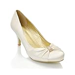 New Womens Low Heel Satin Diamante Buckle Ladies Bridal Evening Party Prom Bridesmaid Court Shoes 3-8 (UK 6 / EU 39 / US 8, Ivory Satin)