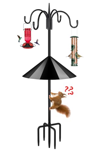 FEED GARDEN 92 Inch Adjustable Shepherd Four Hooks with Squirrel Baffle Heavy Duty Garden Hooks 5-Prong Base Bird Feeder Pole for Hanging Plant Baskets Solar Lights Lanterns