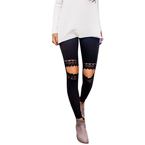 SFE, Women Yoga Pants, Womens Slim Fit Leggings Solid Kneel Cut Out Lace Stretchy Yoga Pants,Women Lace Yoga Fitness Hole Leggings Running Gym Stretch Sports Pants Trousers (XL, Black)