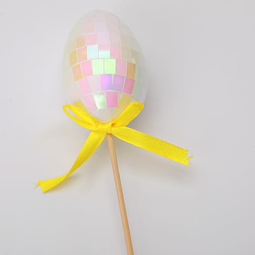 HDLJIAL Ostereier Picks, 12 Pack Disco Ball Glitter Ostereier, Pastellfarben mit Bänder, Funkel Eier Stäbchen für Osterdekorationen, Osterbaum, Mittelstück, DIY-Handwerk, Partybedarf