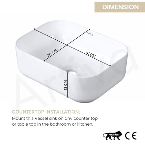 Image of Artiva White Tabletop Wash Basin For Bathroom (12x16 Inch) | Medium Ceramic Wash Basin Bathroom | Rectangle Shape