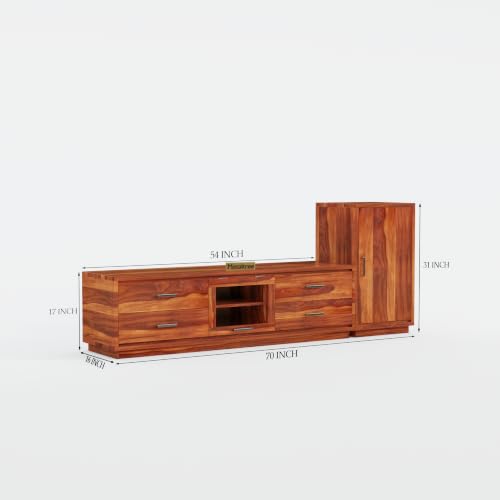 Image of Sheesham Wood Wooden tv Unit for Living Room 55 inch TV Furniture - Entertainment Unit Solid Wood tv Table for Living Room 55 inch TV Console with 4 Drawers, 4 Shelves