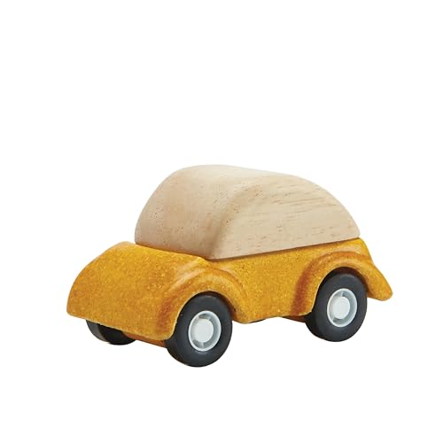 Image of PlanToys Yellow Car Wooden Montessori Vehicle Kids Indoor Outdoor Play Toy | rolling wheels, toy cars, toddler car, girls, boys, imaginative early movement, practical life fine motor gift preschool