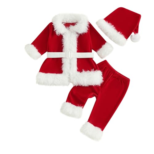 YYDSTYLE Traje de Navidad para bebé niña, parte inferior acampanada de terciopelo, manga larga, con volantes, pantalones acampanados, disfraz de Papá Noel (rojo, 2-3T)