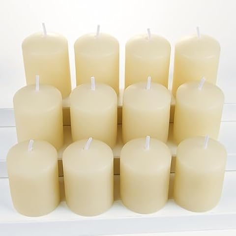 TELOSMA Natural Beeswax Candles Drippless - Smokeless Pure Beeswax Votive Candles - Mini Beeswax Pillar Candle for Home, Restaurants, Parties Decorations -Pack of 12, Off White Cover