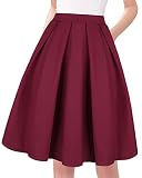 Tandisk A-Line Pleated Vintage Skirts with Pockets for Women Wine Red M