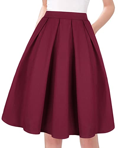 Tandisk A-Line Pleated Vintage Skirts With Pockets For Women Wine Red M #TOP24