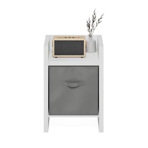 Image of Furinno Viola Side Table, End Table with Storage Bin, White /Light Grey | 1.2-inch Extra Thick Frame, Soft Corner, Night Stand, Bedside Table, for Living Room, Bedroom