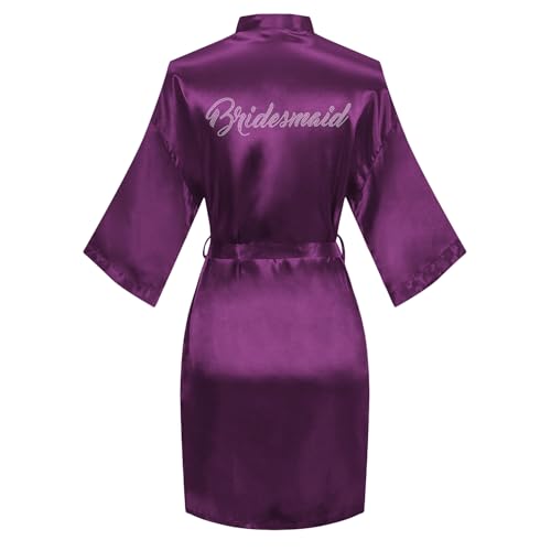 Image of Women's Bride Bridesmaid Robes Short Satin One Size Silver Rhinestones Wedding Party Getting Ready Sleepwear