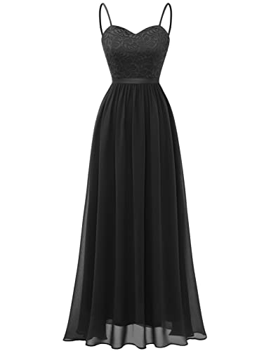 DRESSTELLS Abendkleider Elegant für Hochzeit Schwarz Festlich Ballkleid Damen Lang Brautkleid Standesamt Brautjungfernkleider mit Spaghettiträger Jugendweihe Kleider Black L DRESSTELLS Abendkleider Elegant für Hochzeit Schwarz Festlich Ballkleid Damen Lang Brautkleid Standesamt Brautjungfernkleider mit Spaghettiträger Jugendweihe Kleider Black L