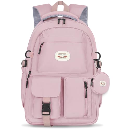 BECOJADDE Backpack School Bag Womens Girls with 15.6'' Laptop compartment, Water Resistant Rucksack with Coin Purse, Daypack for College, Work & Travel, Ideal for Teens & Students Pink 25L