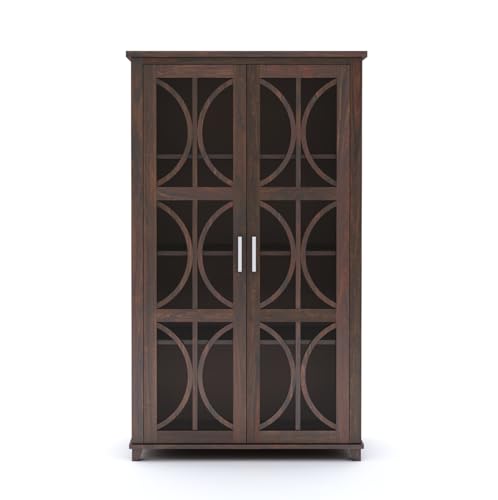 Image of SONA ART & CRAFTS Solid Sheesham Wood Crockery Cabinets with Glass Door | Wooden Showcase Almirah | Solid Wood Book Shelf for Home Crockery Unit for Kitchen Living Room (Walnut Finish)
