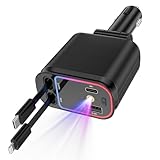 Chihod 66W Retractable Car Charger Adapter with Starlight, 4-in-1 Fast Charging USB C Car Charger with 2 Retractable Cables, Compatible with iPhone 16/15/14/13/12/11, Galaxy, and Pixel