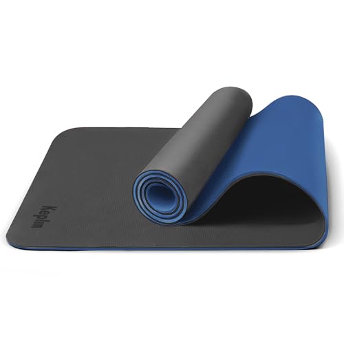 KEPLIN Yoga & Exercise Mat with Carry Strap, Large Non-Slip Comfortable Training & Workout Floor Mat for Home or Outdoor, Gym, Pilates, Gymnastics, HiiT, Stretching & Meditation (Grey & Blue)