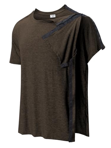 Image of Post Shoulder Surgery Shirts for Men Tear Away Recovery Short Sleeve Full Open Side Snap Chemo Adaptive Shirt