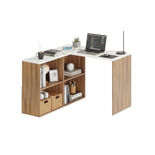 Image of FURNEASER Maggen Engineered Wood Study Table, Workstation, Rotatable Computer Laptop, WFH Office Desk Gaming Table with Storage, Large (Exotic Teak & White)