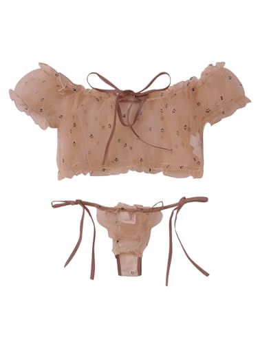 Image of Lilosy Sexy Stretch Ruffle Tie Sheer Mesh Lingerie Set Outfits 2 Piece Women Kawaii Cute See Through Matching Bra Panty Underwear Prints Beige Small