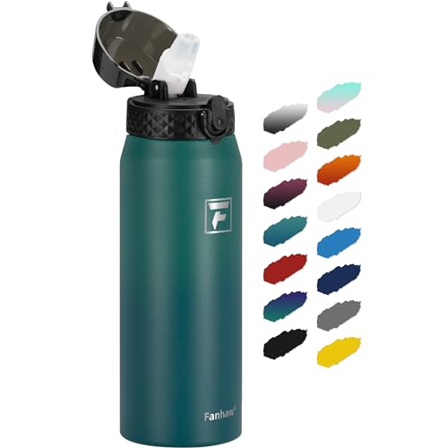 Fanhaw 24oz Kids Stainless Steel Water Bottle with Straw Lid, Green Blue