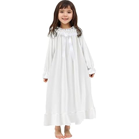 610 YOU White Nightgown Girls,Winter Flannel Warm Pajamas Dresses Girl, Vintage Long Sleepwear with Long Sleeve,10-12 Cover