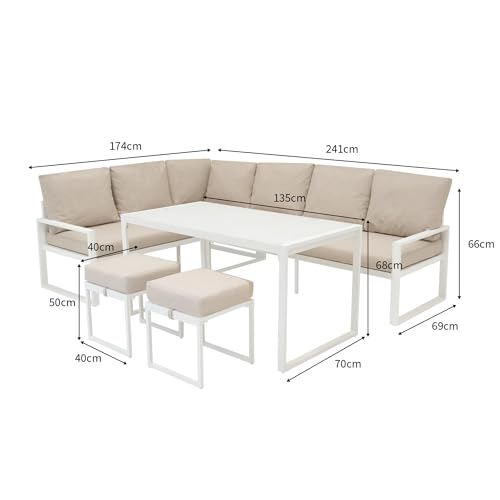 Monster Shop Garten Aluminium Möbelset Weiß 7-Sitzer Outdoor Terrasse Lounge Sectional Ecksofa Glasplatten Esstisch 2 Hocker Dicke Polster mit Waschbaren Bezügen wasserdichte Regenabdeckung