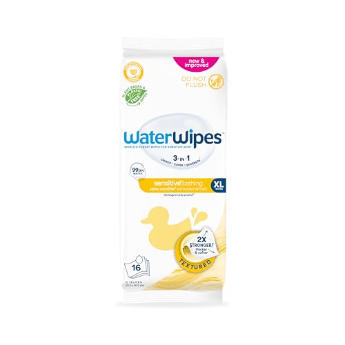 Image of WaterWipes Sensitive+ Bathing Wipes, 3-In-1 Cleans, Cares, Protects, 99.9% Water, Unscented & Hypoallergenic, 16 Count (1 Pack)
