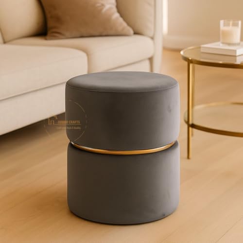 Image of Wooden Puffy Stool for Living Room Round Footstool - Ottoman Stool for Living Room Furniture Round Ottoman - Sitting Pouffe Ottoman Stool /Room Dcor /Office Stool - Grey