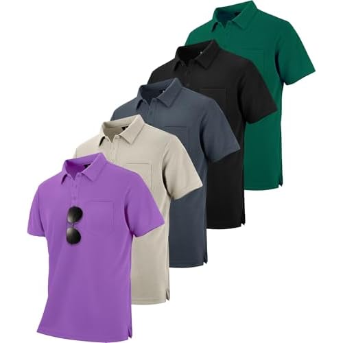 ZITY 5 Pack Polo Shirts for Men with Pocket Dry Quickly Short Sleeve Athletic Outdoor Work Collared Shirts Black+grey+forest Green+apricot+violet XX-Large
