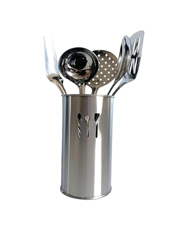 Stainless Steel Kitchen Utensil Set, 6-Piece with Holder, Includes Spoon, Fork, Ladle, Turner and Skimmer
