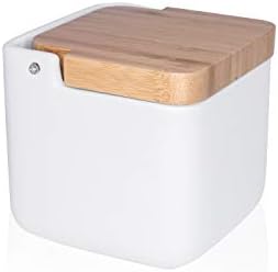 KOOK TIME Salt Pig for Kitchen with lid - White Ceramic Salt Cellar with eco-Friendly Natural Bamboo Swivel lid - Size 11.2 x 11. x 11.2 cm