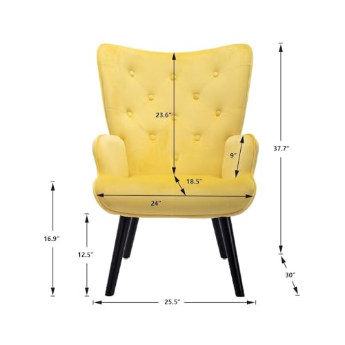 Image of Velvet Wingback Accent Chair for Living Room | Luxury High Back Tufted Armchair with Glossy Metal Legs | Modern Velvet Upholstered Lounge Chair for Home & Office | 1 Pc (Yellow)