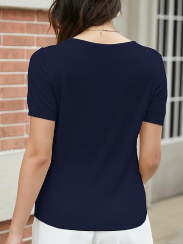 Image of SANGTREE Women's Short Sleeve Sweaters V Neck Casual Knit Pullover Tops | Perfect as a lightweight sweater for spring /summer or as a layering piece. Ideal for office, daily, holiday, home etc