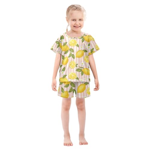 ALAZA Lemon Daisy Striped Pajamas Set Short Sleeve Cotton Sleepwear Summer Pjs 2 Piece 5-14Y3