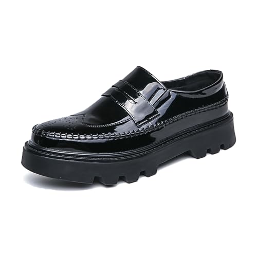 Men's Patent Leather Platform Slip-on Loafers Bullock Lug Sole Business Dress Shoes Casual Non-Slip Chunky Platform Black Formal Loafer Shoes
