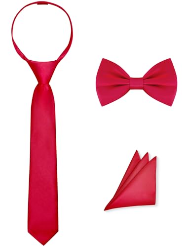AmazingSea Bow Tie and Necktie Set Kids Pre-tied Adjustable Zipper Tie & Machine Washable 3-Piece Red Party Set for School Christmas Easter with Pocket Square (Red Big Kids)