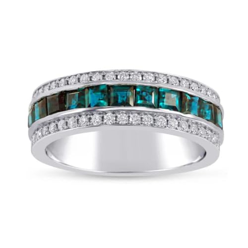 Yafeeso 925 Steling Silver Men's Blue Topaz and Diamond Half Eternity Wedding Band Customized Princess Cut Gemstone Engagement Band Wedding Promise Rings for Dad Husband Birthday Christmas Gifts