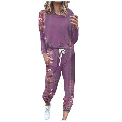 Lastesso Womens Sweatsuit Set Two Piece Loungewear Sets for Women Vintage Relaxed Fit Track Suits Csaual Size Long Sleeve Pullover Baggy Pants Womens Lounge Sets Purple M