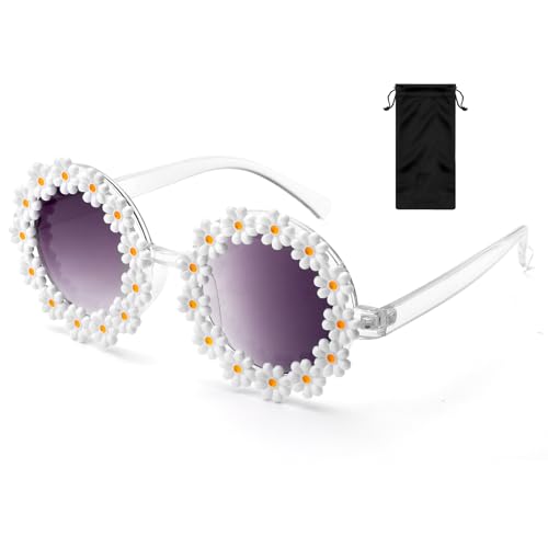 APOMOONS Gänseblümchen Sonnenbrille, Hippie Brille Blumen Sonnenbrille Kinder Damen, Party Brille Rund für Strand Freien, Individuelles Dekoratives Styling