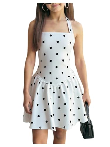 Image of GORGLITTER Girls' Dresses Summer Party Halter Neck Sleeveless Ruched A Line Skater Swing Mini Dress Aged 8-12 Years Black and White 10 Years