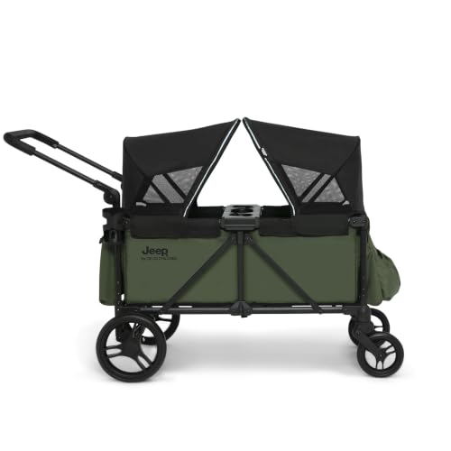 Image of Jeep Sport Stroller Wagon by Delta Children, Black /Green | Stroller Wagon with 2 Canopies, Parent Organizer, Cup Holders, Adjustable Handlebar and Child Snack Tray
