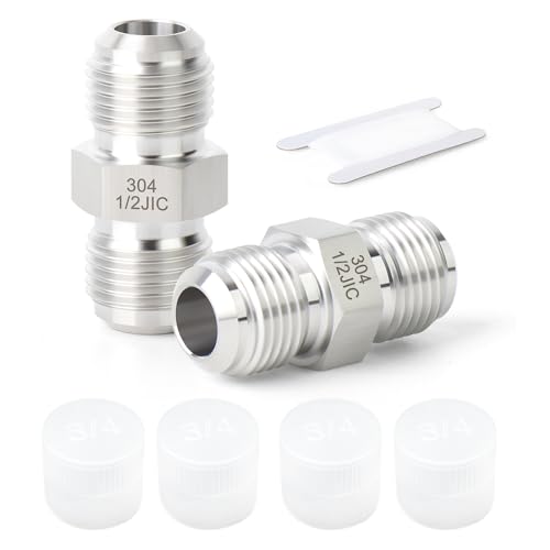 Image of TAISHER 2PCS Forging of 304 Stainless Steel JIC Flare Tube Fittings, 1 /2 inch JIC Male x 1 /2 inch JIC Male, Union