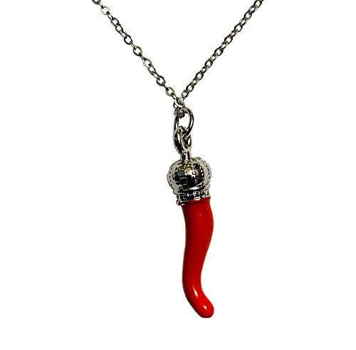 Italian Red Horn Necklace - Silver Cornicello Good Luck Pendant with Sterling Silver Chain