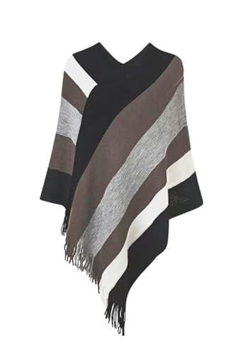 Rayson Poncho Mujer Invierno de Punto con Flecos Hueco Talla Grande Rayas Reversible Capa Elegante Ponchos y Capas de Mujer(Negro,talla única)