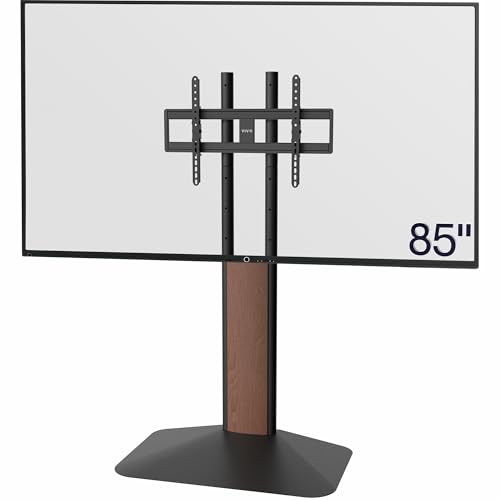 VIVO Dual-Column TV Floor Stand for 32” to 85” Screens with Heavy Duty Base, Tilting Mount with 5 Set Height Adjustments, Black and Dark Walnut, STAND-TV85JS
