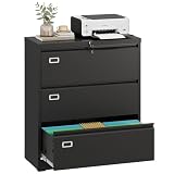 DEVAISE 3 Drawer Metal File Cabinet, Wide Lateral Filing Cabinet with Lock for Home Office Organization Hanging Files Letter/Legal/F4/A4 Size (Black, Assembly Required)